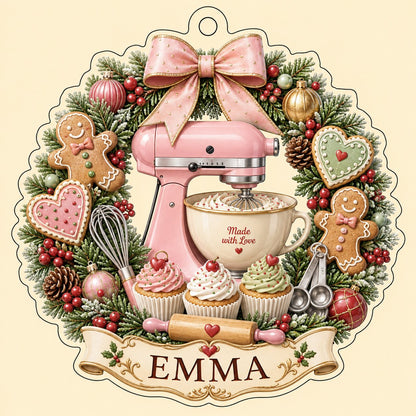Scalloped clear acrylic ornament with a pink mixer in a Christmas baking wreath and a Made with Love banner.