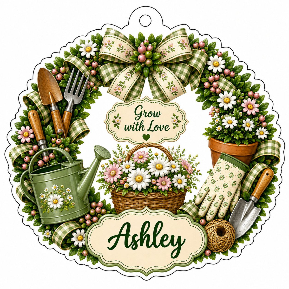 Scalloped acrylic ornament with a floral gardening wreath, tools, and "Grow with Love" plus a personalized name.