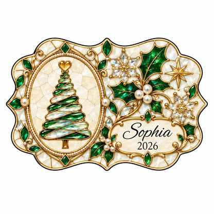 Scalloped ceramic ornament with emerald swirl tree, gold filigree, pearl accents, and a name-and-year cartouche.