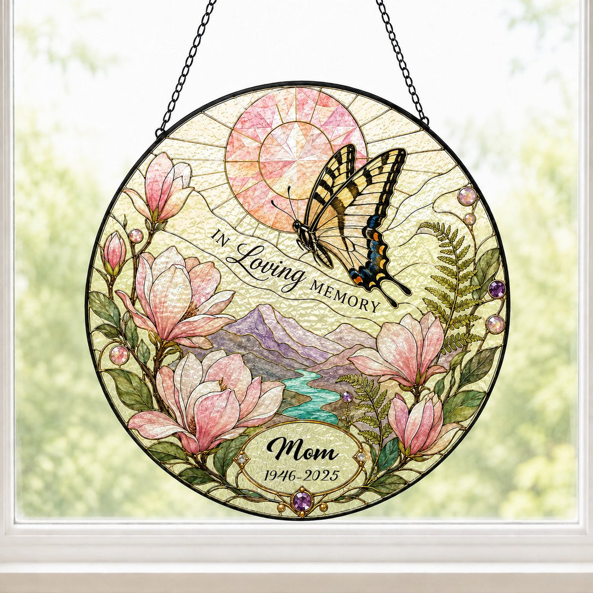 Personalized Butterfly Magnolia Sunset Landscape In Loving Memory Stained Glass Round Suncatcher