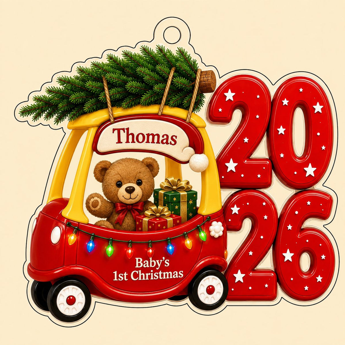 Red toy car with pine tree, teddy bear and gifts, "Baby's 1st Christmas" and 2026 star-pattern numbers on clear acrylic.