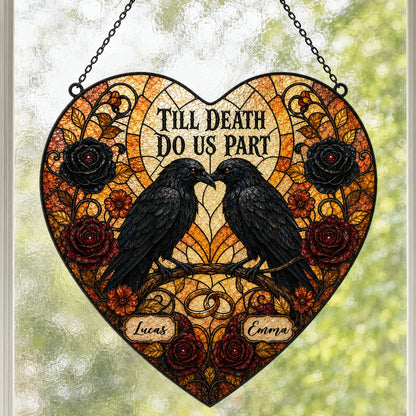 Personalized Gothic Raven Couple Till Death Do Us Part Heart Stained Glass Suncatcher