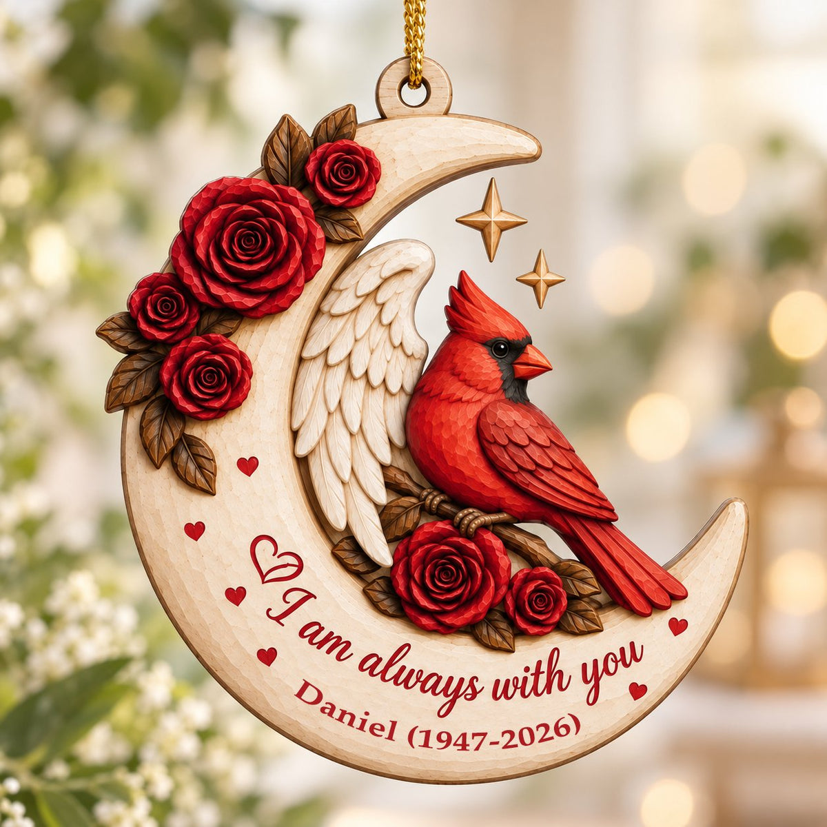 Crescent moon wood ornament with red cardinal, angel wing, red roses, stars, hearts, and custom name and years.