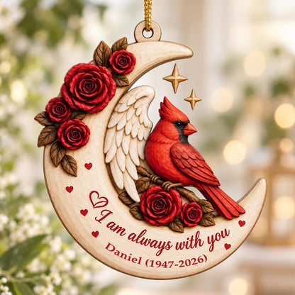Crescent moon wood ornament with red cardinal, angel wing, red roses, stars, hearts, and custom name and years.