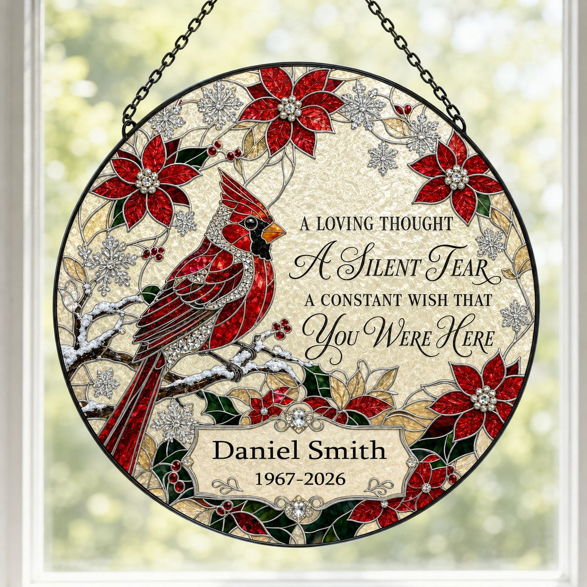 Personalized Red Cardinal Poinsettia A Silent Tear Memorial Stained Glass Round Suncatcher