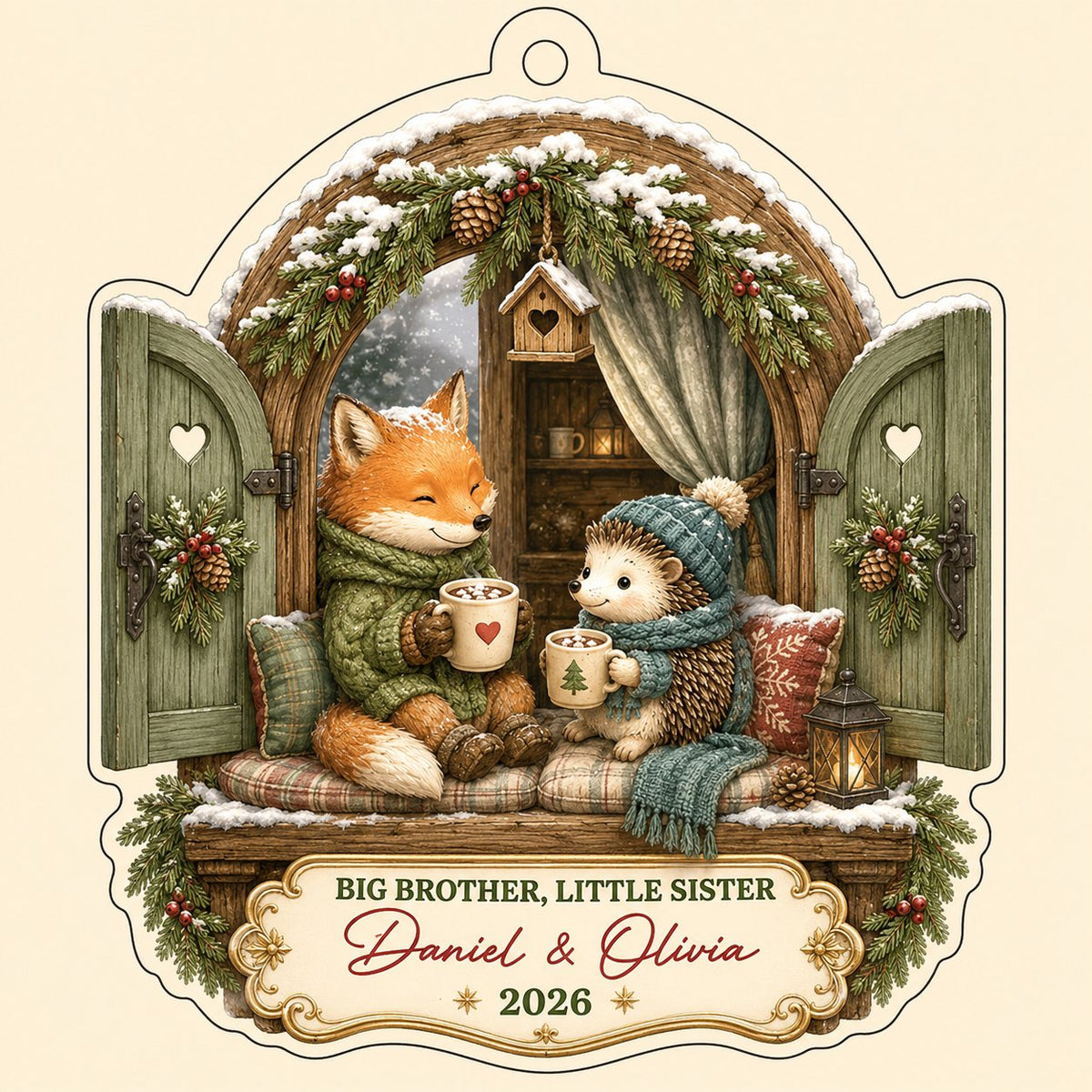 Arched window acrylic ornament with fox and hedgehog, garlands, birdhouse, and cream banner for names and year.
