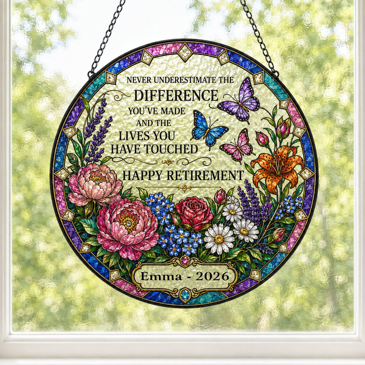 Personalized Retirement Floral Garden Never Underestimate The Difference Happy Retirement Stained Glass Round Suncatcher