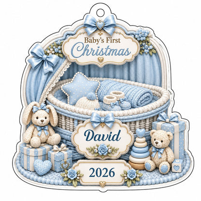 Clear acrylic ornament with blue nursery bassinet, bunny, teddy, and Baby's First Christmas with name and year.
