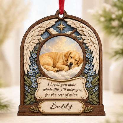 Arch wood ornament with angel wings, star, forget-me-not flowers, and a circular pet photo slot in the center.