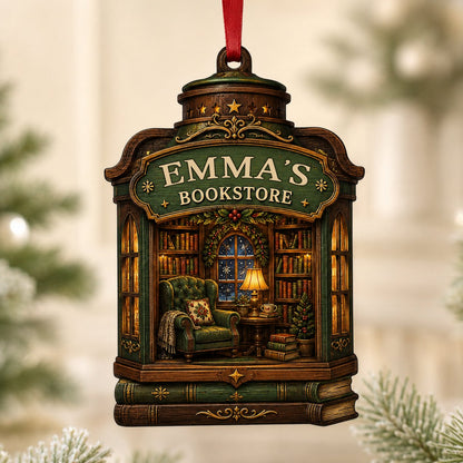 Custom-cut wood ornament like a vintage bookstore with a cozy library scene and a green BOOKSTORE sign.