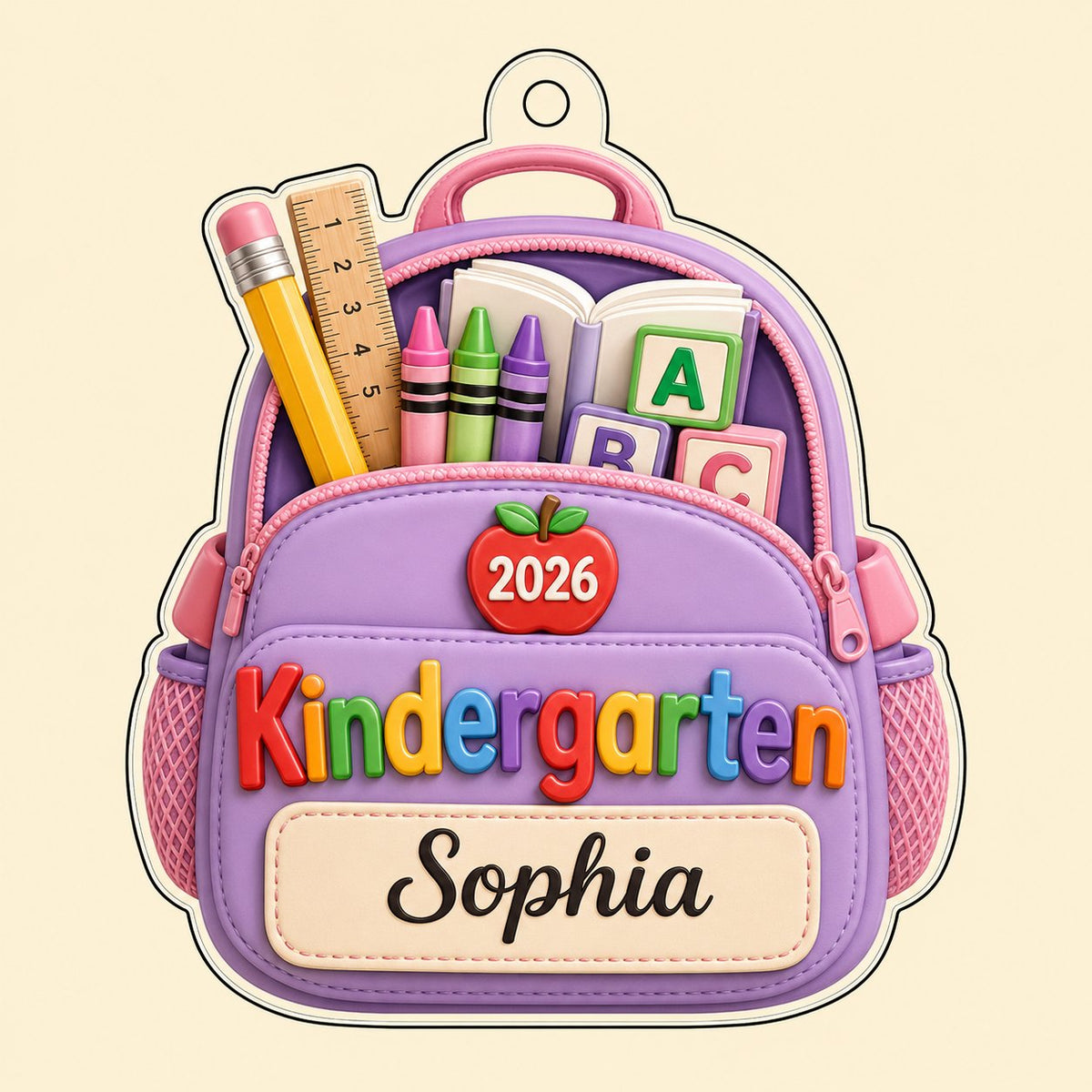 Purple backpack acrylic ornament with ABC blocks, apple, Kindergarten text, 2026 year, and a stitched name banner.
