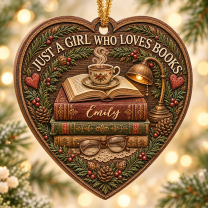 Heart-shaped wood ornament with books, open book and teacup, lamp, glasses, pine foliage, pinecones and hearts.
