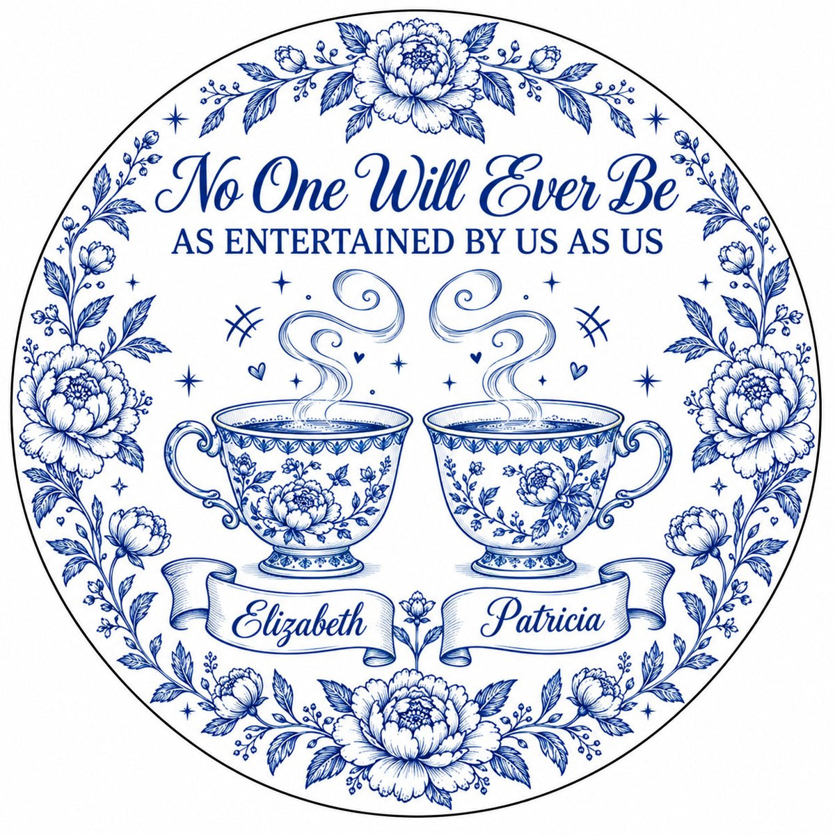 Round white ceramic ornament with blue floral border and two teacups, personalized with two names