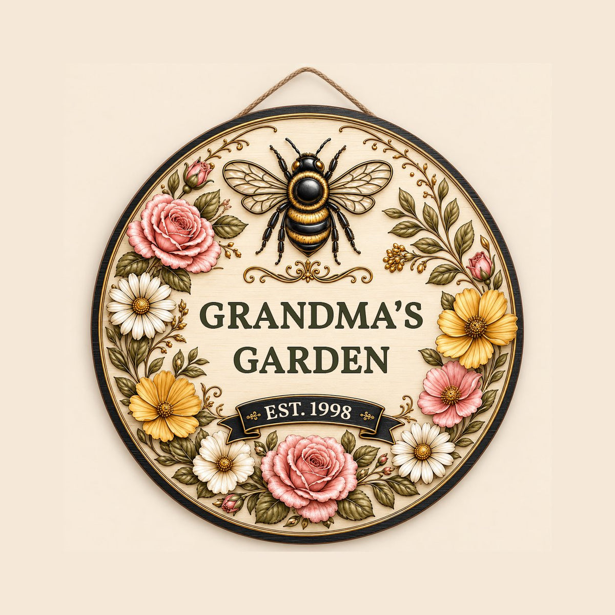 Round wooden sign with 'GRANDMA'S GARDEN', a gold-and-black bee, floral wreath, and EST. year on a light wood background