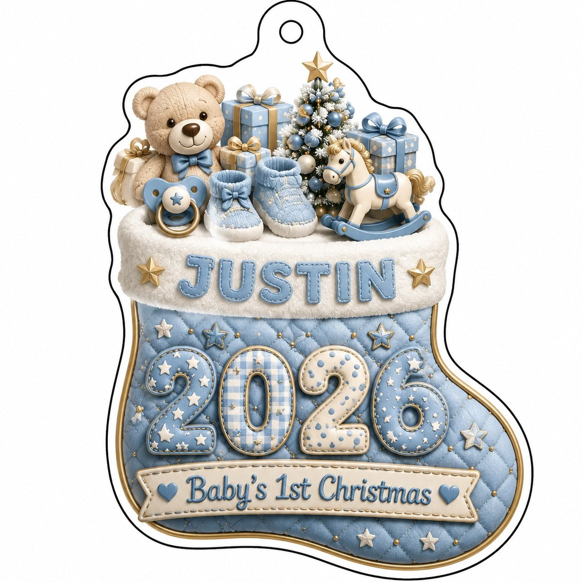 Blue quilted stocking ornament with teddy bear, baby toys, Baby's 1st Christmas text, and name and year.