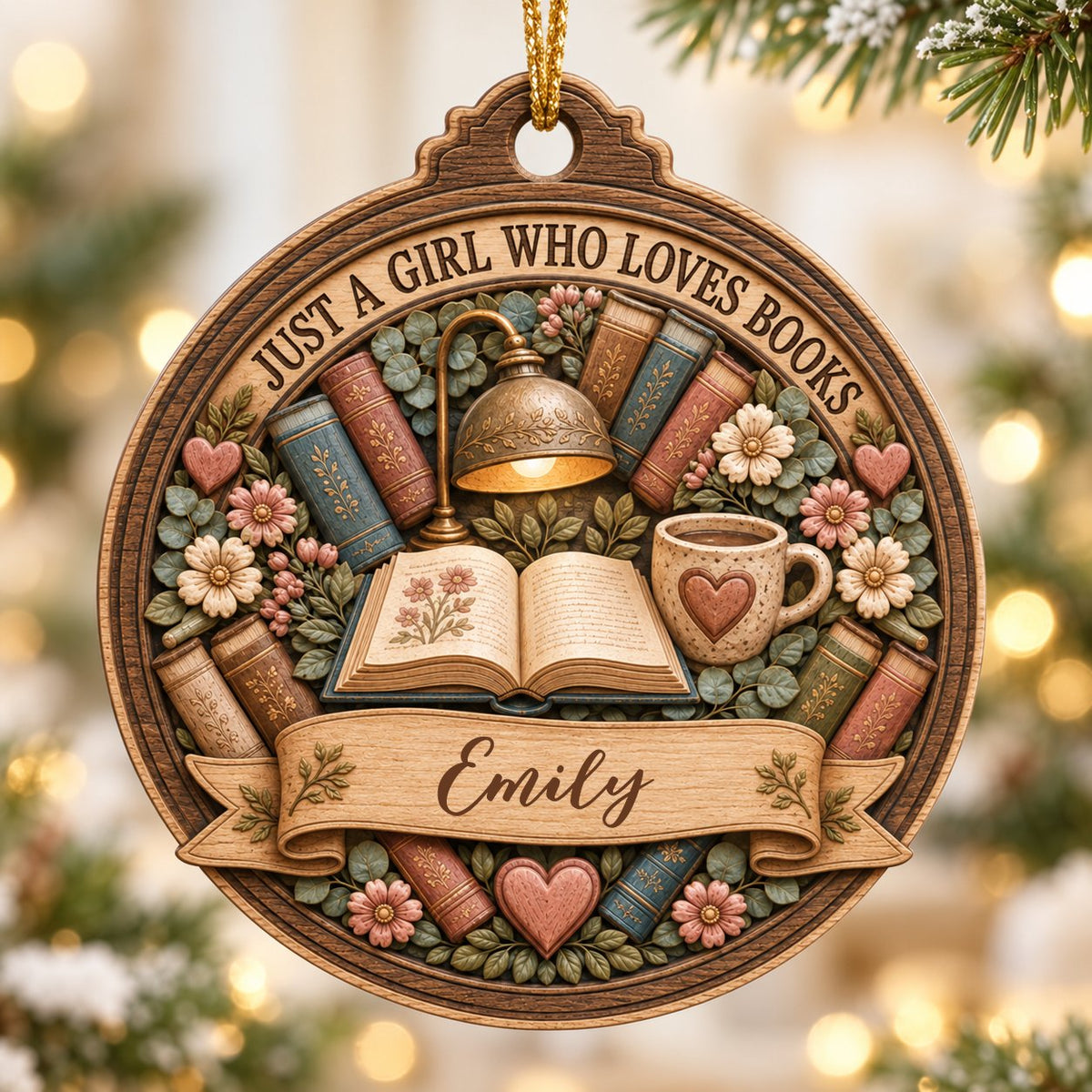 Round wood ornament with faux carved open book, glowing lamp, heart mug, stacked books, flowers, and a personalized name