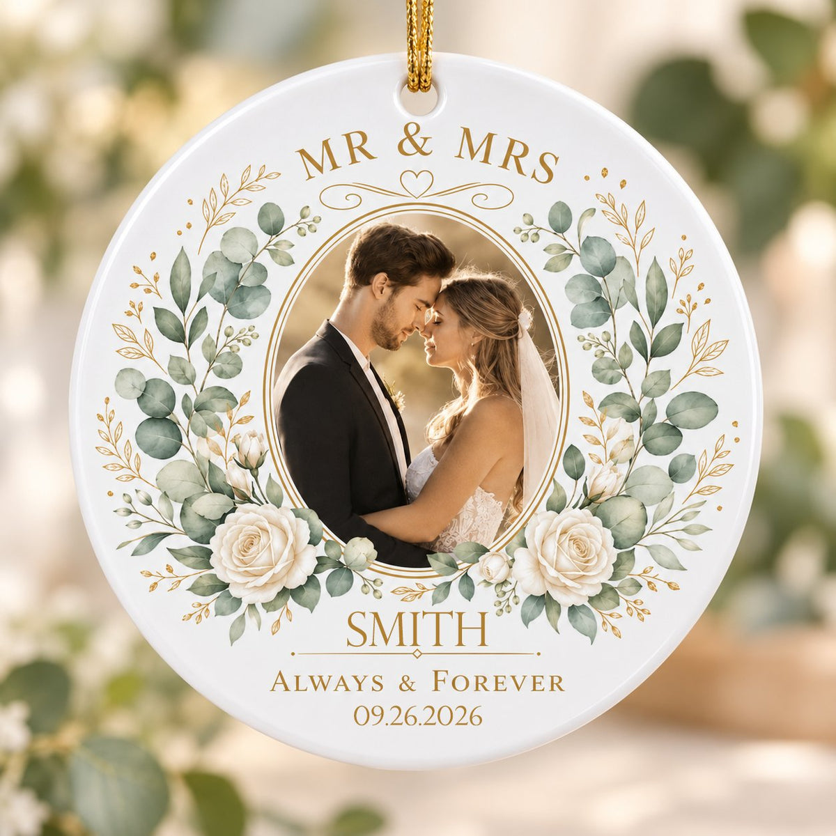 Round ceramic ornament with eucalyptus and white rose wreath, gold accents, MR MRS ALWAYS & FOREVER, photo, surname, and