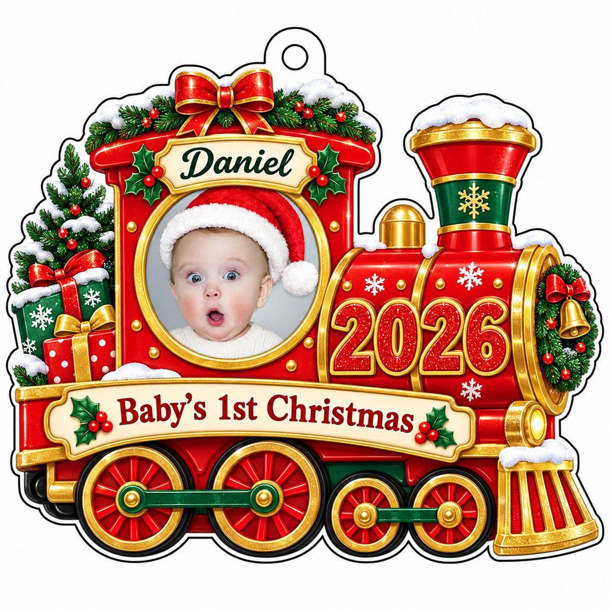 Red and gold train ornament with circular baby photo, bow, holly, wreath and 'Baby's 1st Christmas' on a scroll banner.