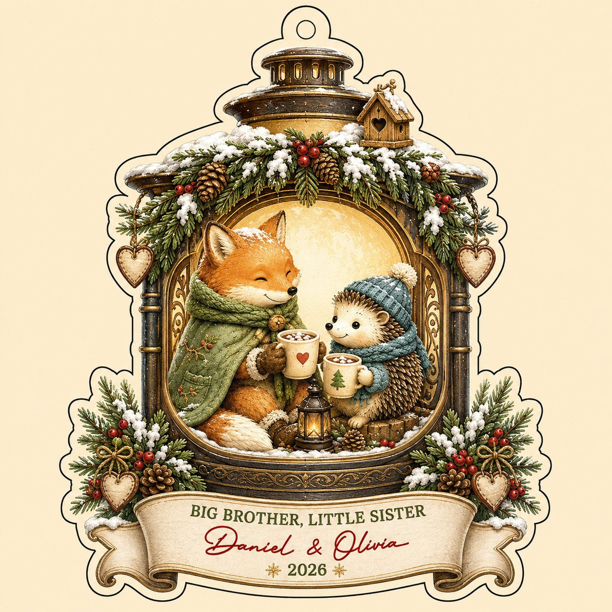 Acrylic ornament with lantern frame, fox and hedgehog with cocoa, 'BIG BROTHER, LITTLE SISTER', and names with year.