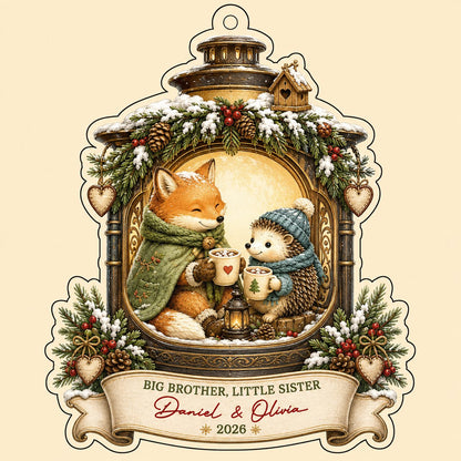 Acrylic ornament with lantern frame, fox and hedgehog with cocoa, 'BIG BROTHER, LITTLE SISTER', and names with year.