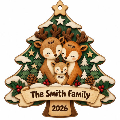 Tree-shaped wood ornament with a deer family, star topper, holly, pinecones, and personalized names and year.