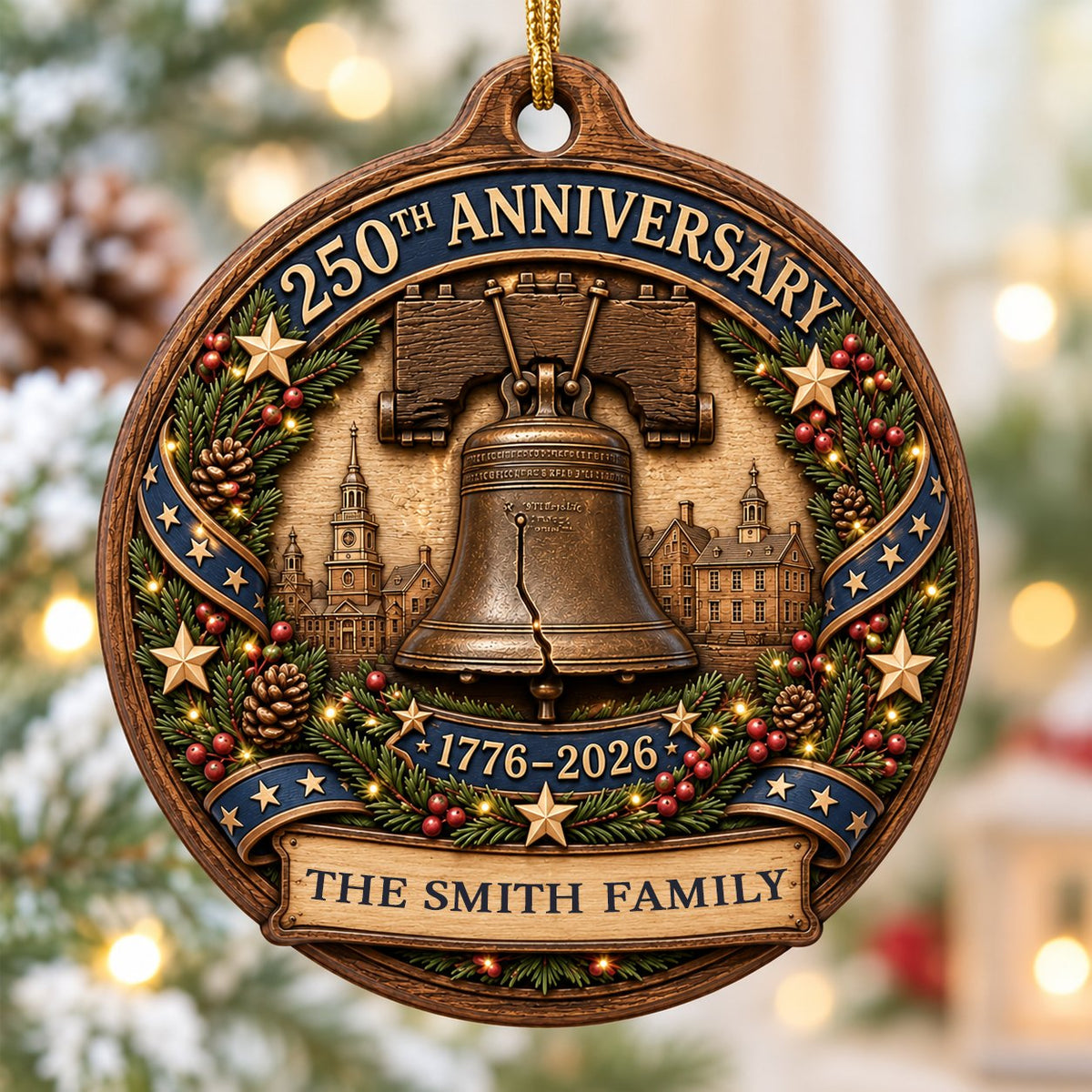Round wood ornament with Liberty Bell, Independence Hall, pine wreath, gold stars, and a name banner.