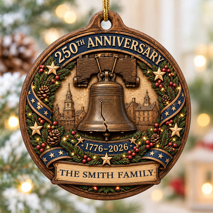 Round wood ornament with Liberty Bell, Independence Hall, pine wreath, gold stars, and a name banner.