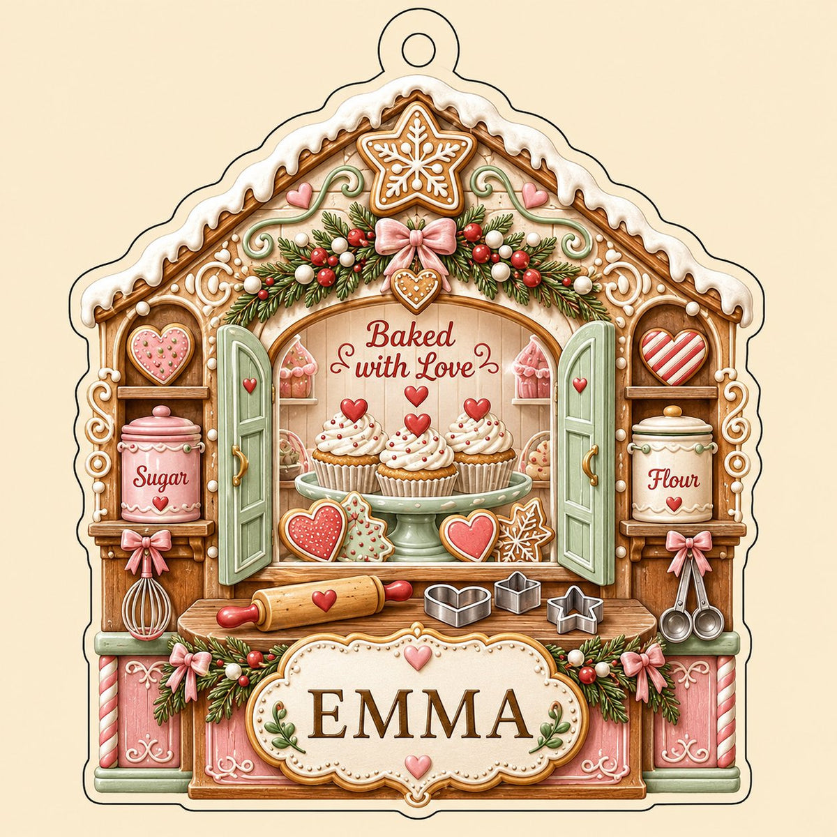 Custom-cut acrylic ornament shaped like a gingerbread house with baking tools, cupcakes, and a name banner.
