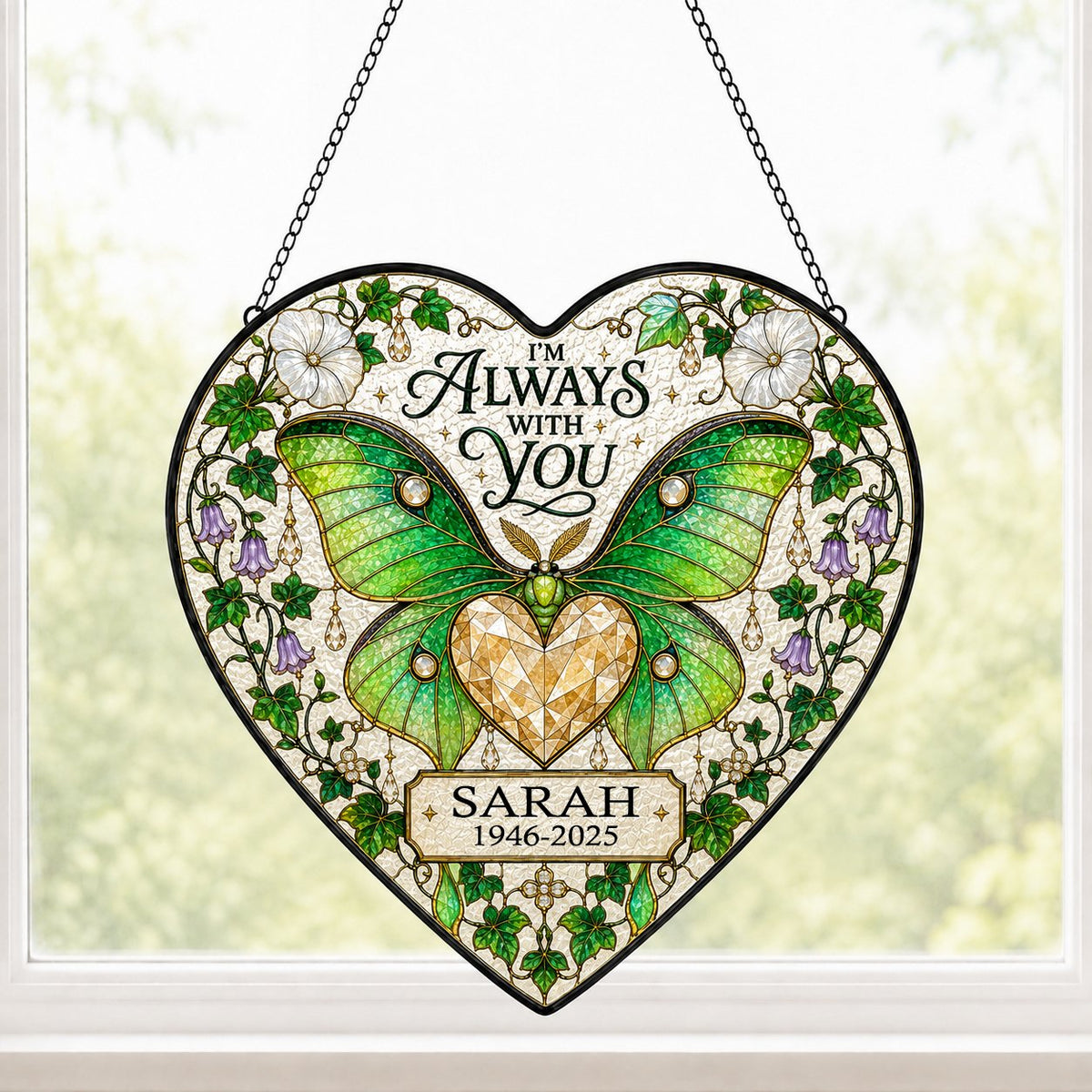 Personalized Luna Moth Memorial I'm Always With You Heart Stained Glass Suncatcher