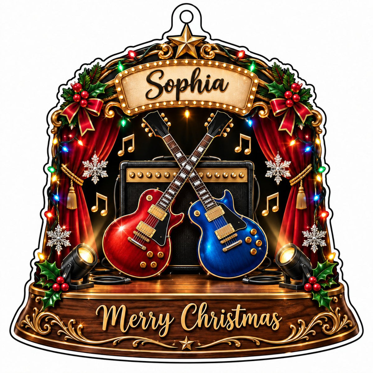Custom-cut acrylic ornament with crossed red and blue guitars, Merry Christmas marquee, curtains and holly.