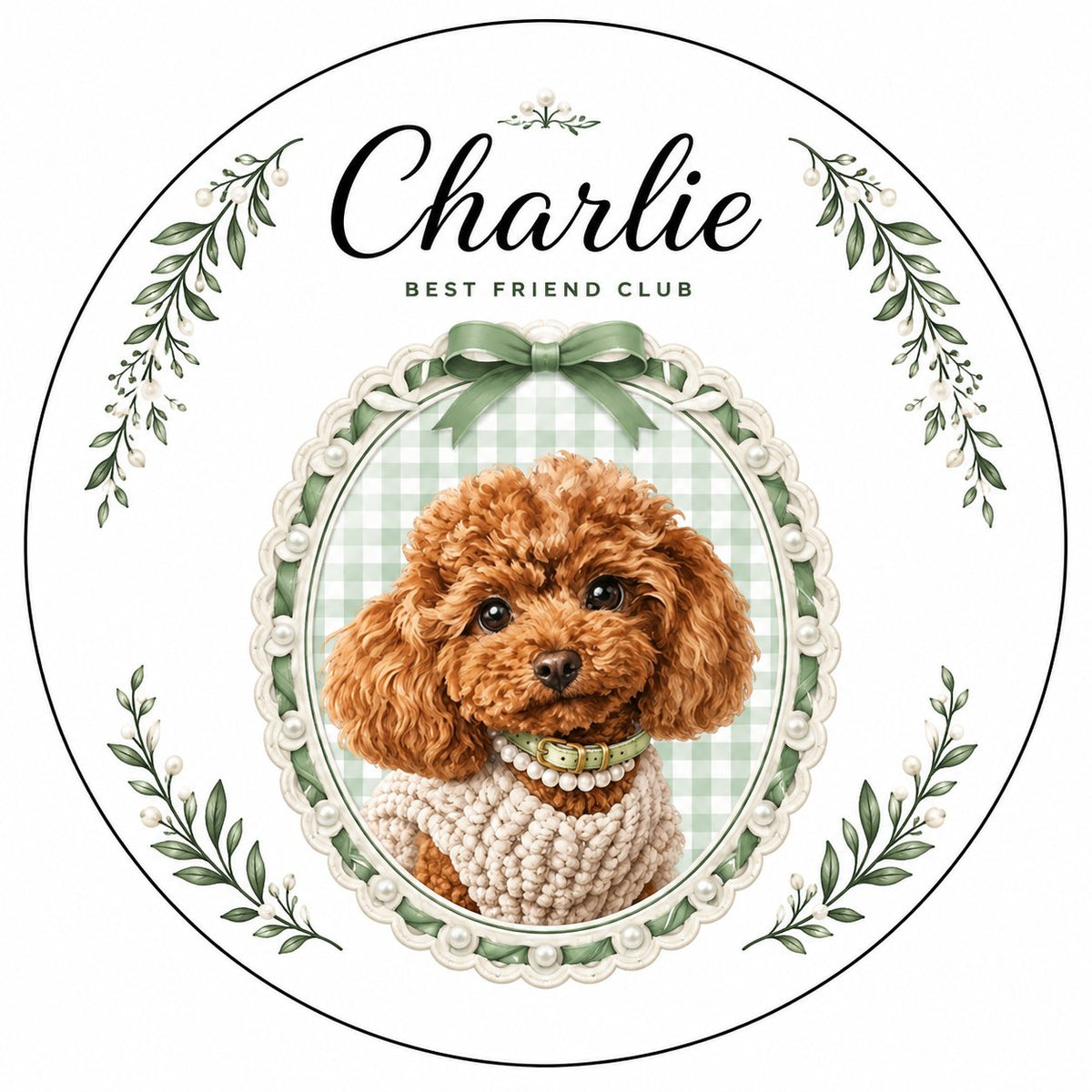 Round ceramic ornament with a poodle portrait, 'BEST FRIEND CLUB', green gingham, bow, and leafy sprigs.
