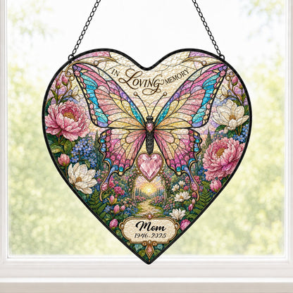 Personalized Butterfly Floral Garden Memorial In Loving Memory Heart Stained Glass Suncatcher