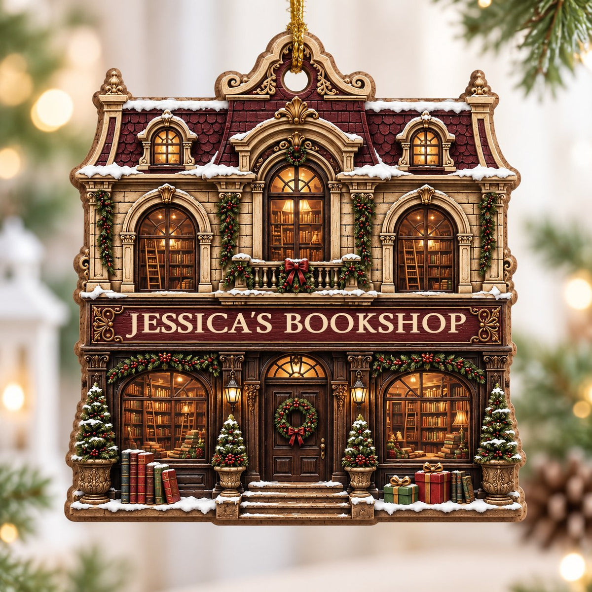 Victorian bookshop facade ornament with garlands, wreath, potted trees and 'BOOKSHOP' sign, personalized with a name.