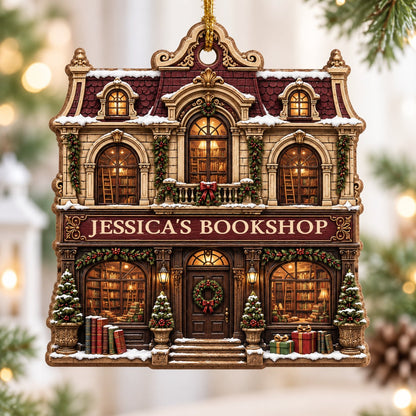 Victorian bookshop facade ornament with garlands, wreath, potted trees and 'BOOKSHOP' sign, personalized with a name.