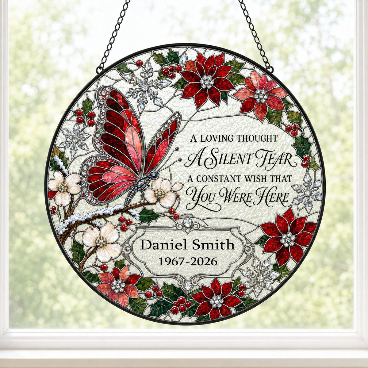 Personalized Red Butterfly Poinsettia A Silent Tear Memorial Stained Glass Round Suncatcher