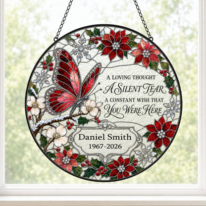 Personalized Red Butterfly Poinsettia A Silent Tear Memorial Stained Glass Round Suncatcher