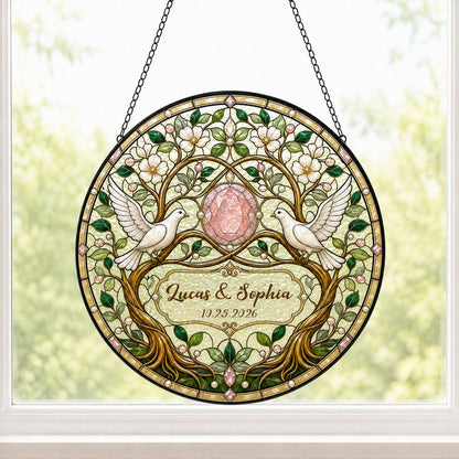 Personalized Wedding Doves & Pink Crystal Gem Floral Tree of Life Stained Glass Round Suncatcher