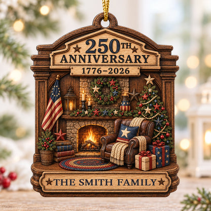 Arch wood ornament with a cozy fireplace, Christmas tree, and American flag, personalized with the family name.
