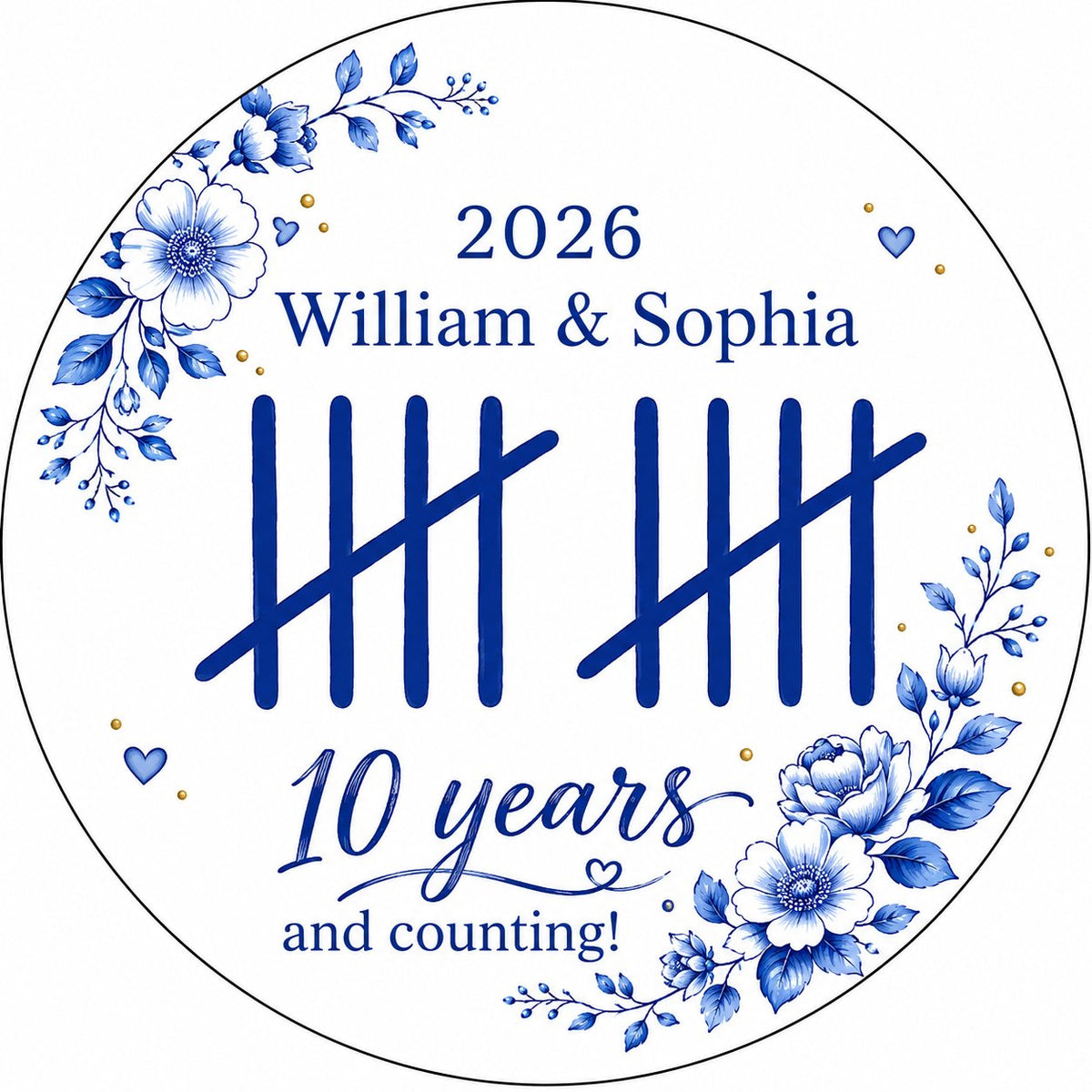 White round ceramic ornament with blue florals, tally marks, and 'years and counting!' plus names and year