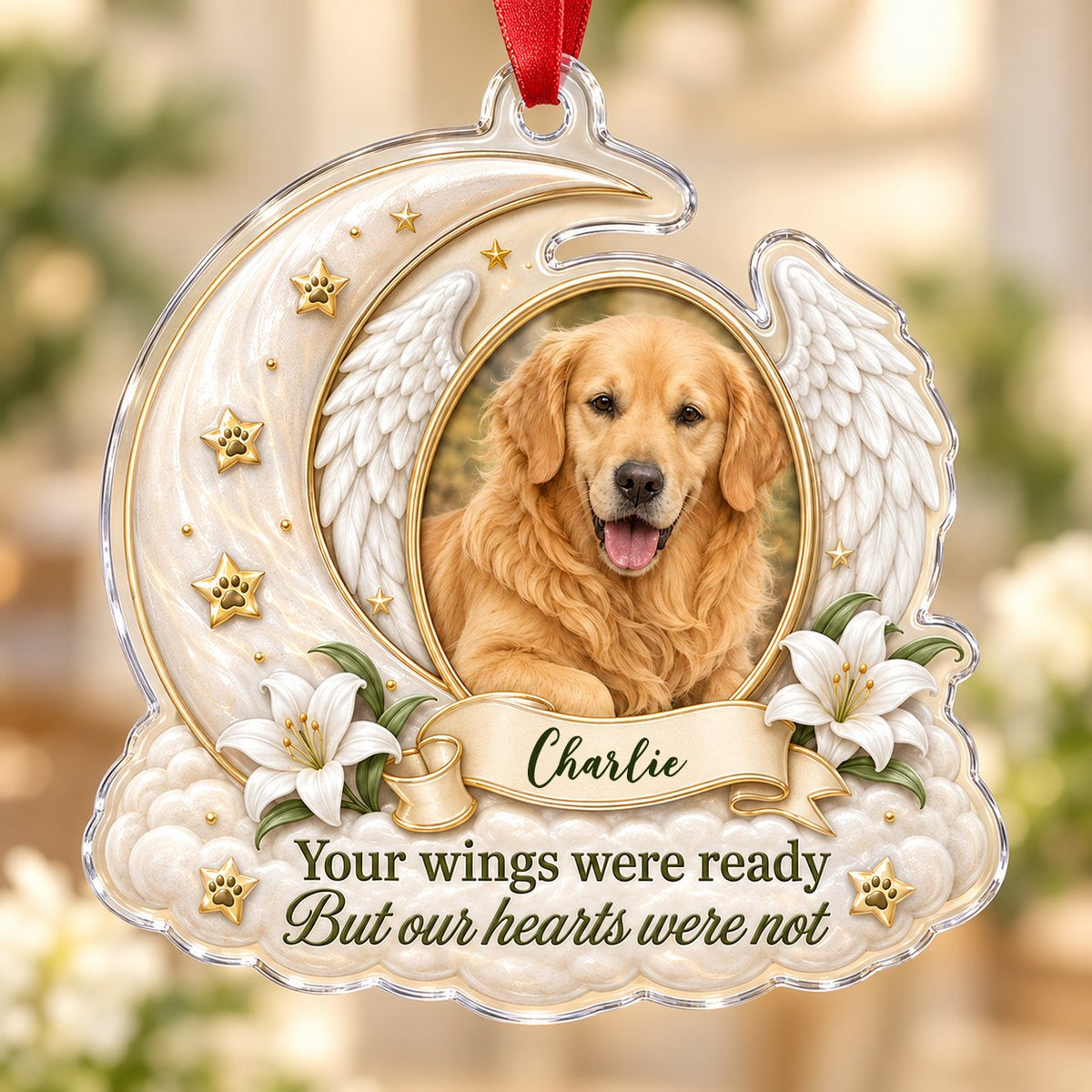 Crescent moon and angel wings acrylic ornament with oval pet photo, paw-print stars, white lilies, clouds, and a name ba