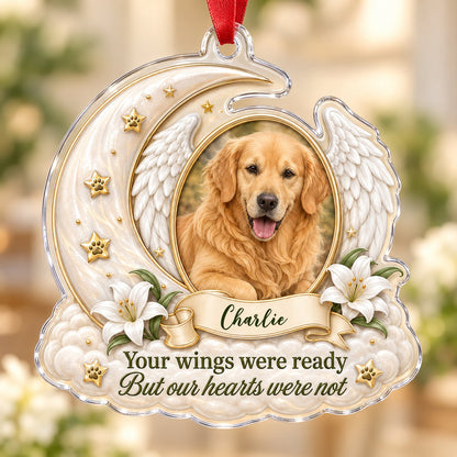 Crescent moon and angel wings acrylic ornament with oval pet photo, paw-print stars, white lilies, clouds, and a name ba