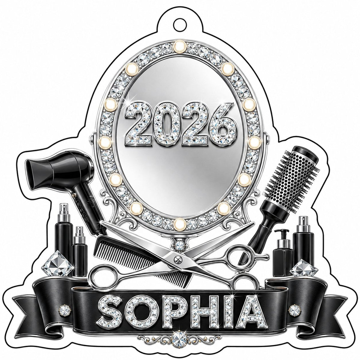 Clear acrylic ornament with a lit vanity mirror and salon tools, featuring SOPHIA and 2026 on a black banner.