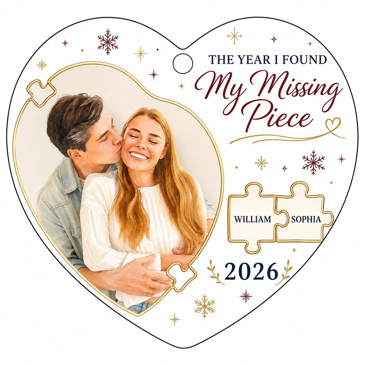 Heart glass ornament with gold puzzle pieces, couple photo, snowflakes, reading THE YEAR I FOUND My Missing Piece.