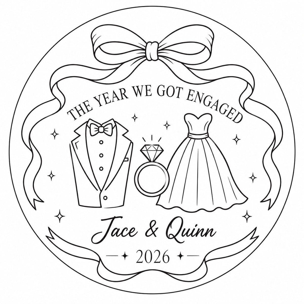 Round white ceramic ornament with black line art of bow, tuxedo, ring, dress, and THE YEAR WE GOT ENGAGED banner.