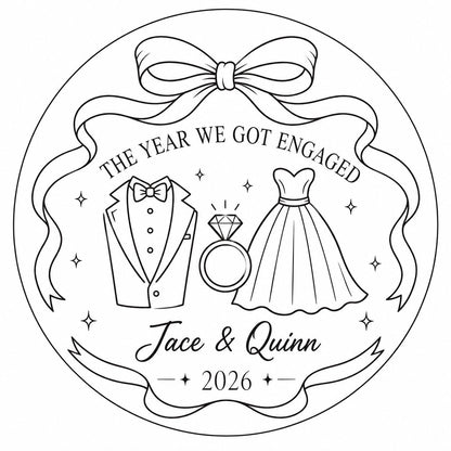 Round white ceramic ornament with black line art of bow, tuxedo, ring, dress, and THE YEAR WE GOT ENGAGED banner.
