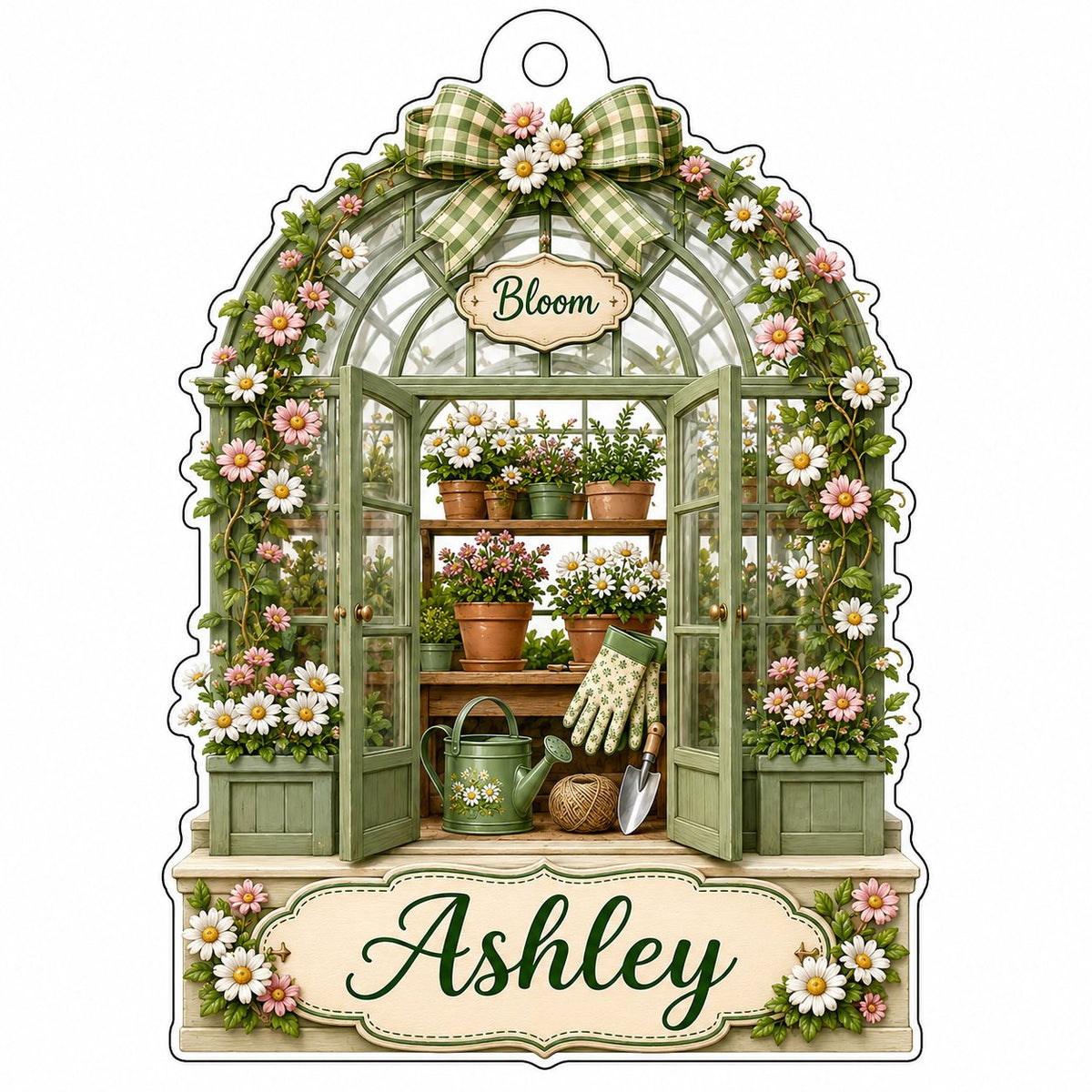 Arched acrylic ornament of a green greenhouse with daisy bow, flowers, tools, and 'Bloom' with a personalized name.