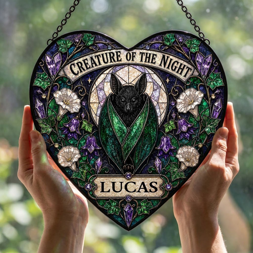 Heart stained glass suncatcher with a black bat over a moon, ivy, white morning glory flowers, purple bellflowers, and c