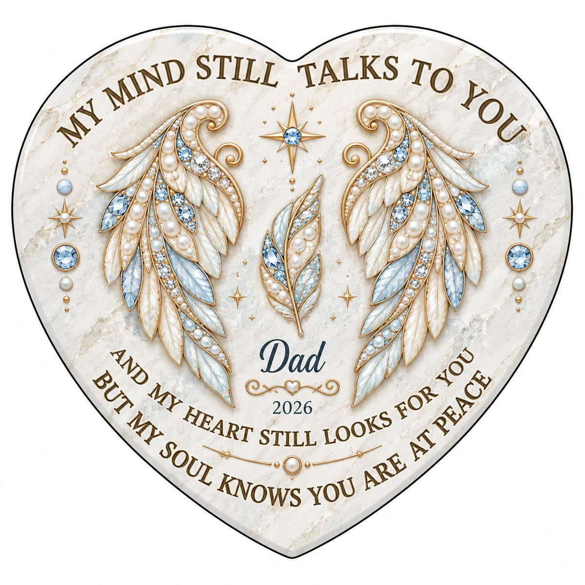 White heart ceramic ornament with jeweled angel wings, blue gems, gold scrollwork, personalized name and year.