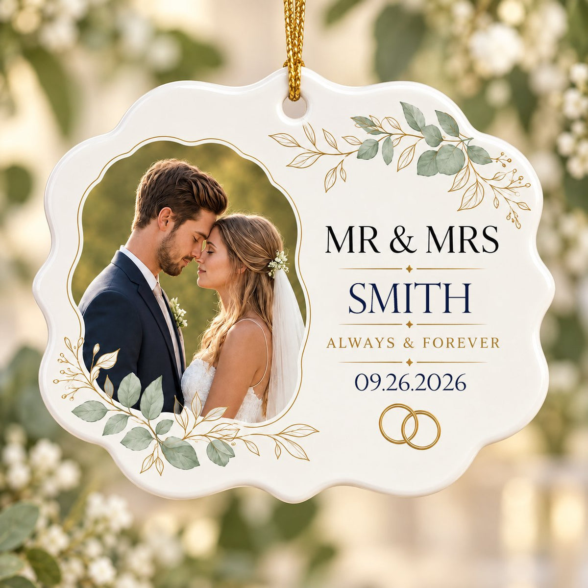 White scalloped ceramic medallion with MR & MRS, eucalyptus, gold rings, and a couple’s photo on the left.