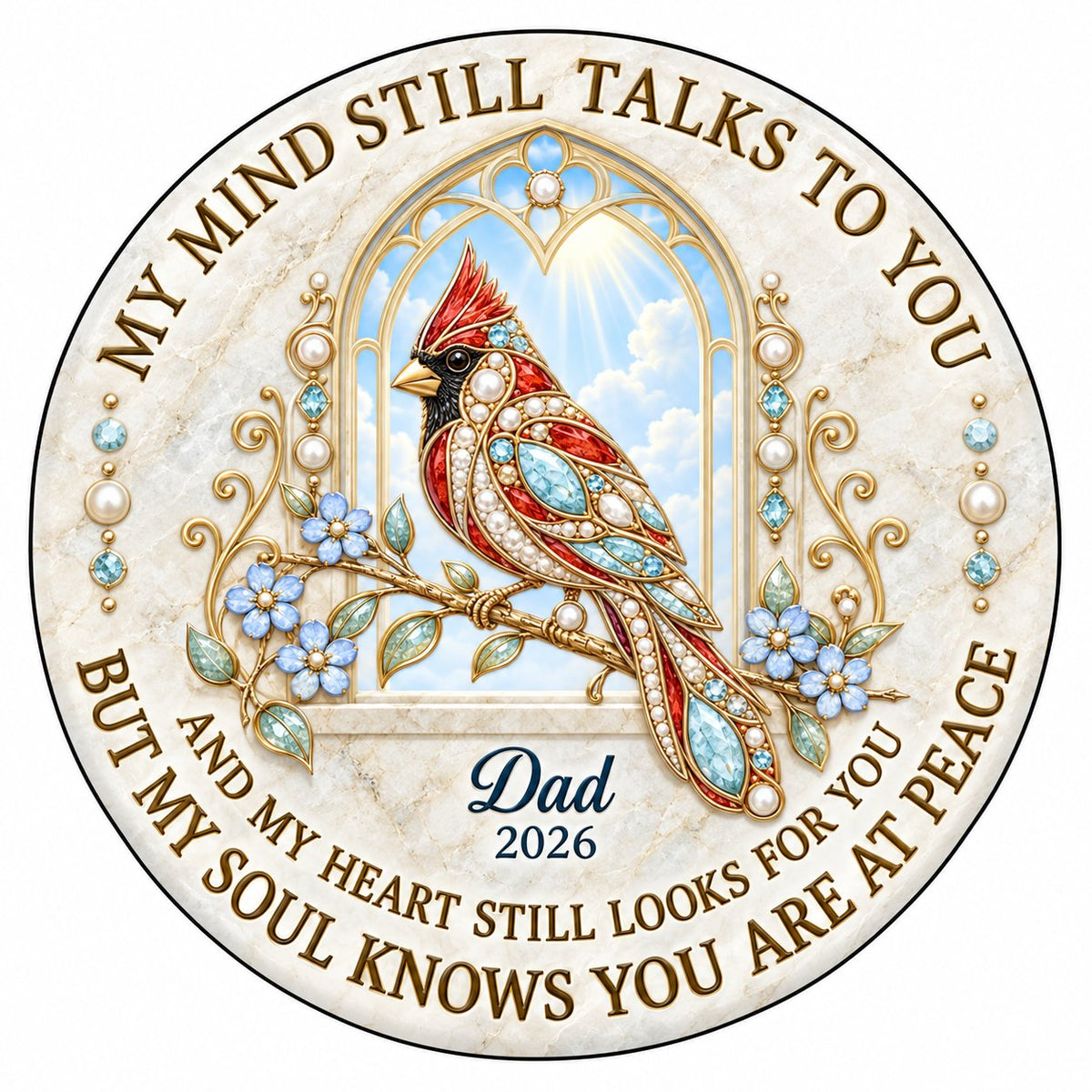 Round ceramic ornament with a red cardinal by a gold arched window, blue flowers, pearls, and a faux marble border.